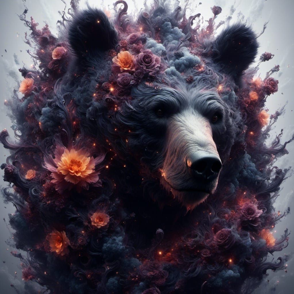 Flaming Bear Surrounded by Flowers with Sparkles