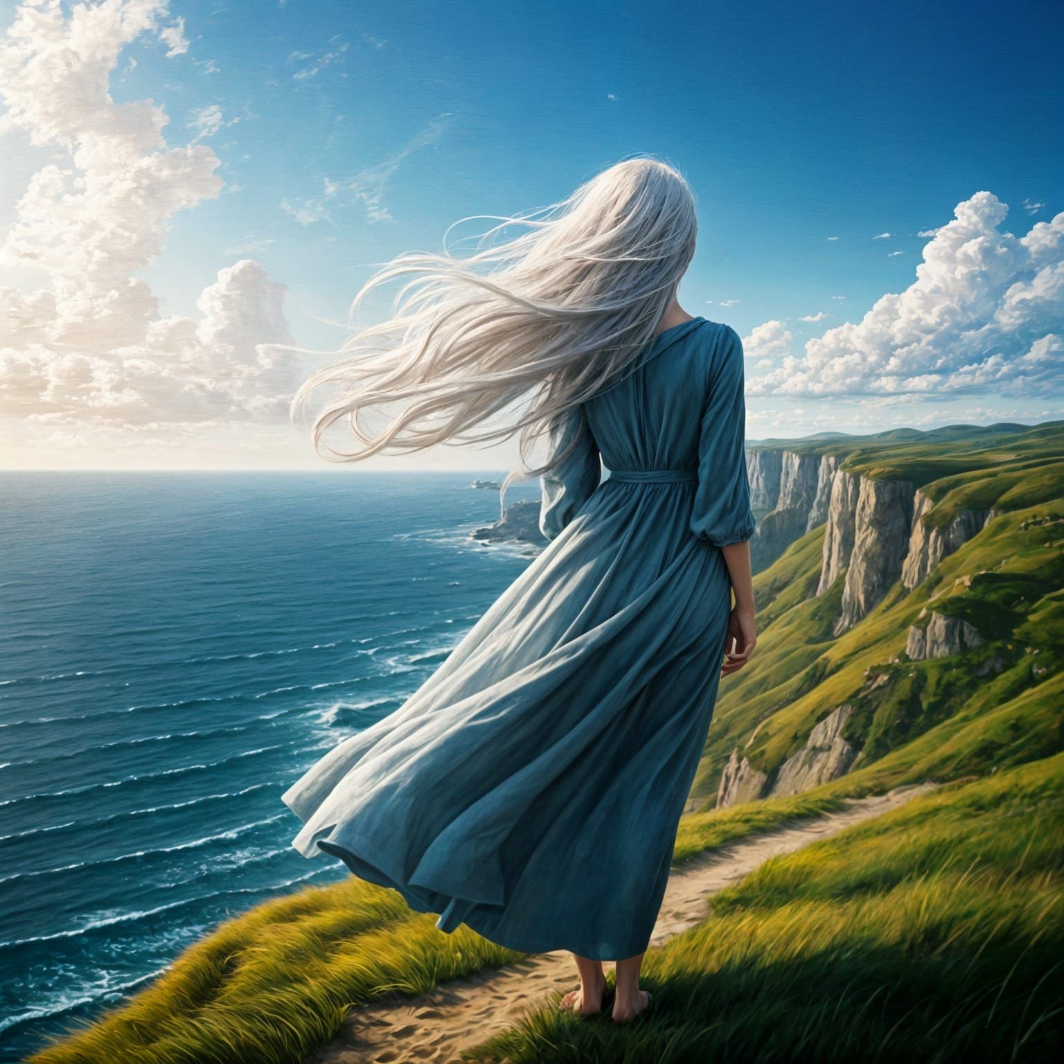 Woman on Cliff in Windy Oil Painting