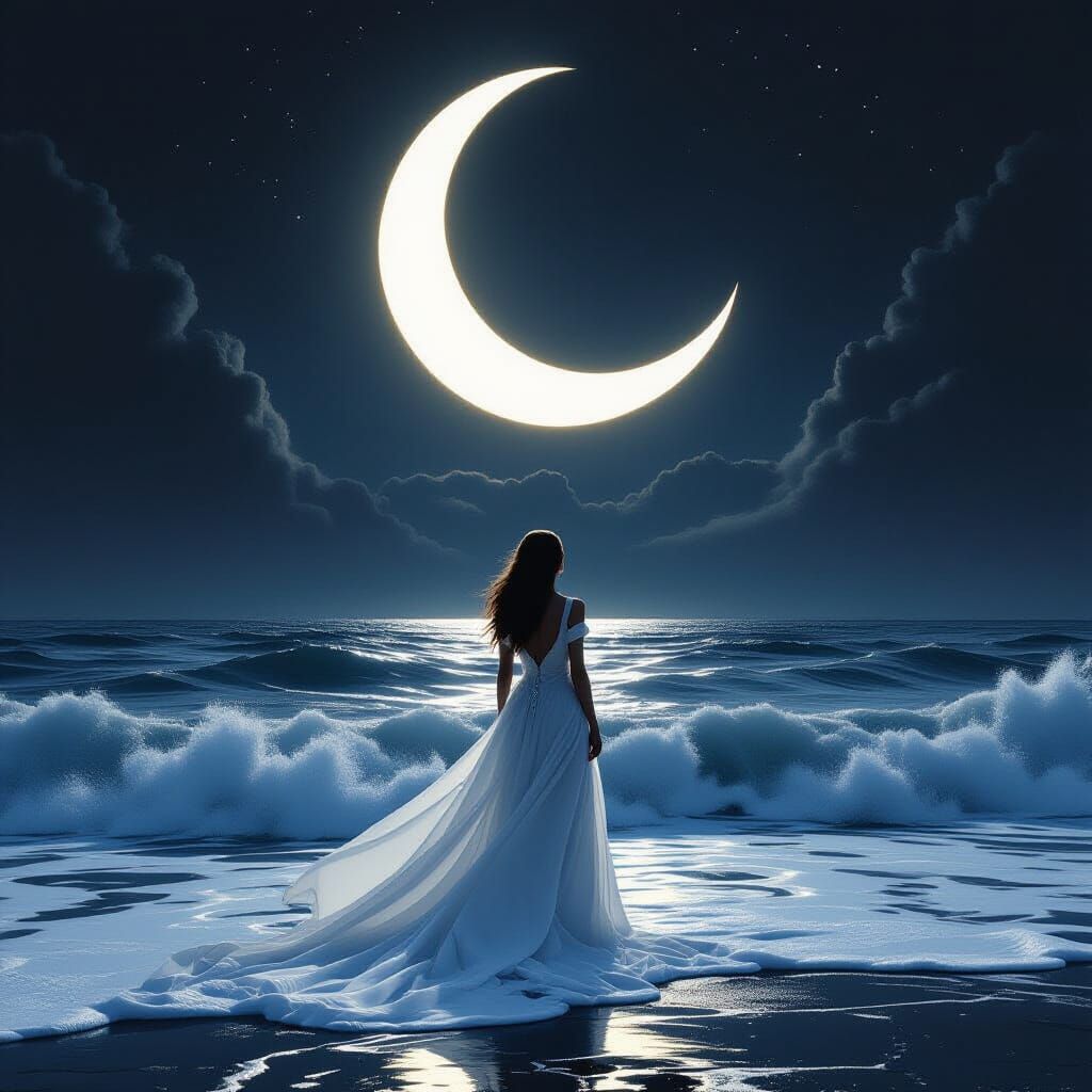 Woman and Moon: Dramatic Surrealism in Black and White