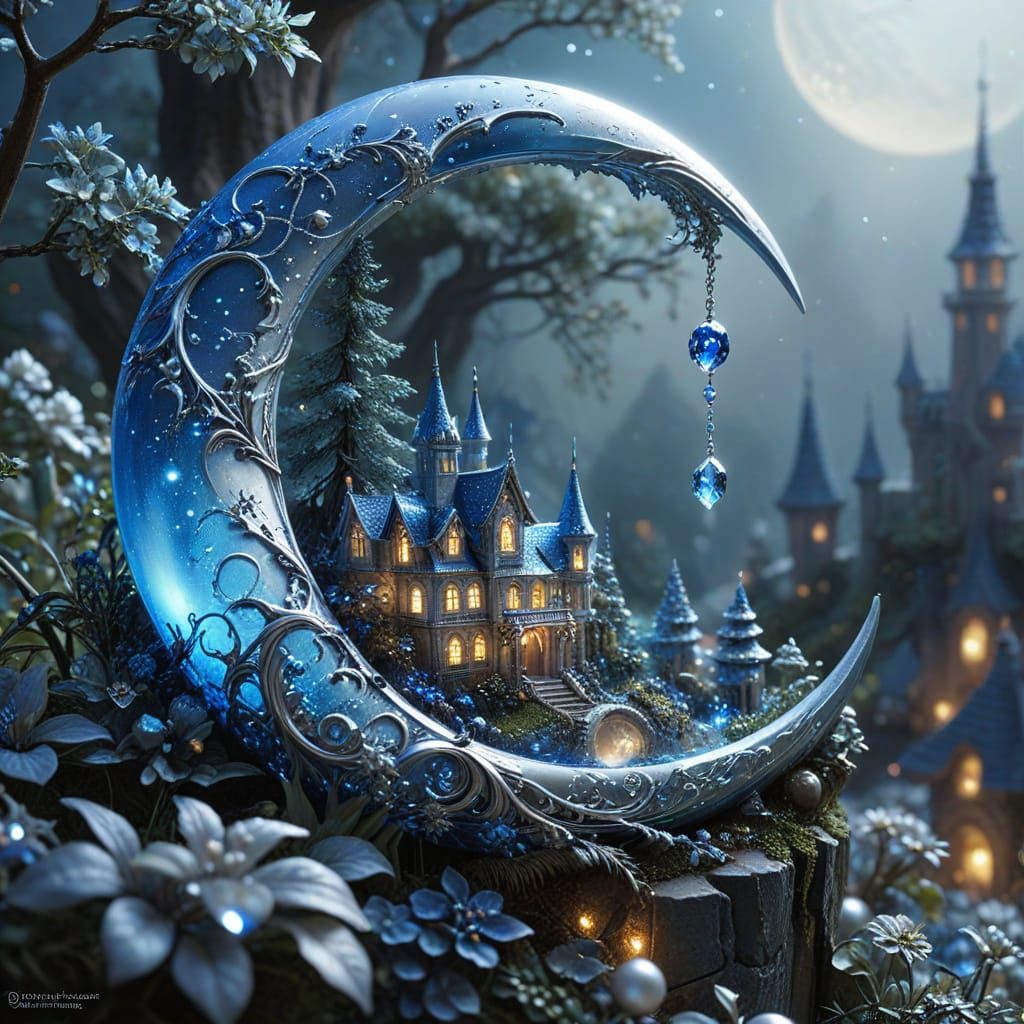 Metallic Blue Moon Cityscape with Diamond Encrustations