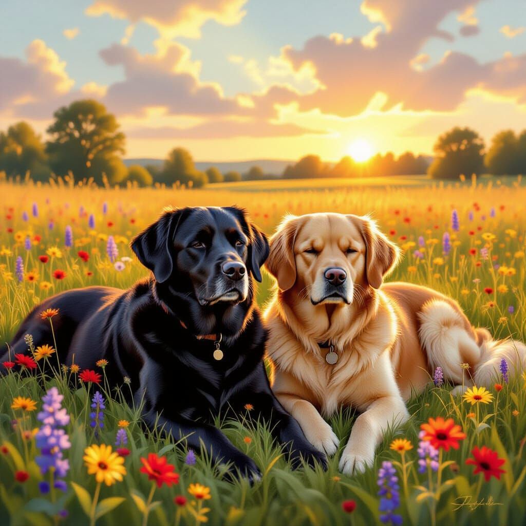 Labrador and Golden Retriever Relax in Sunlit Wildflower Mea...