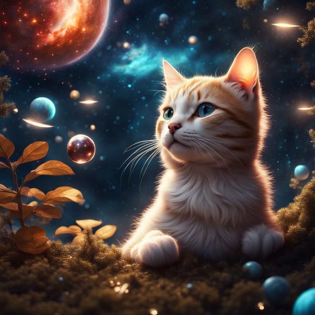 Cosmic Cat in Space Forest: Fantasy Concept Art