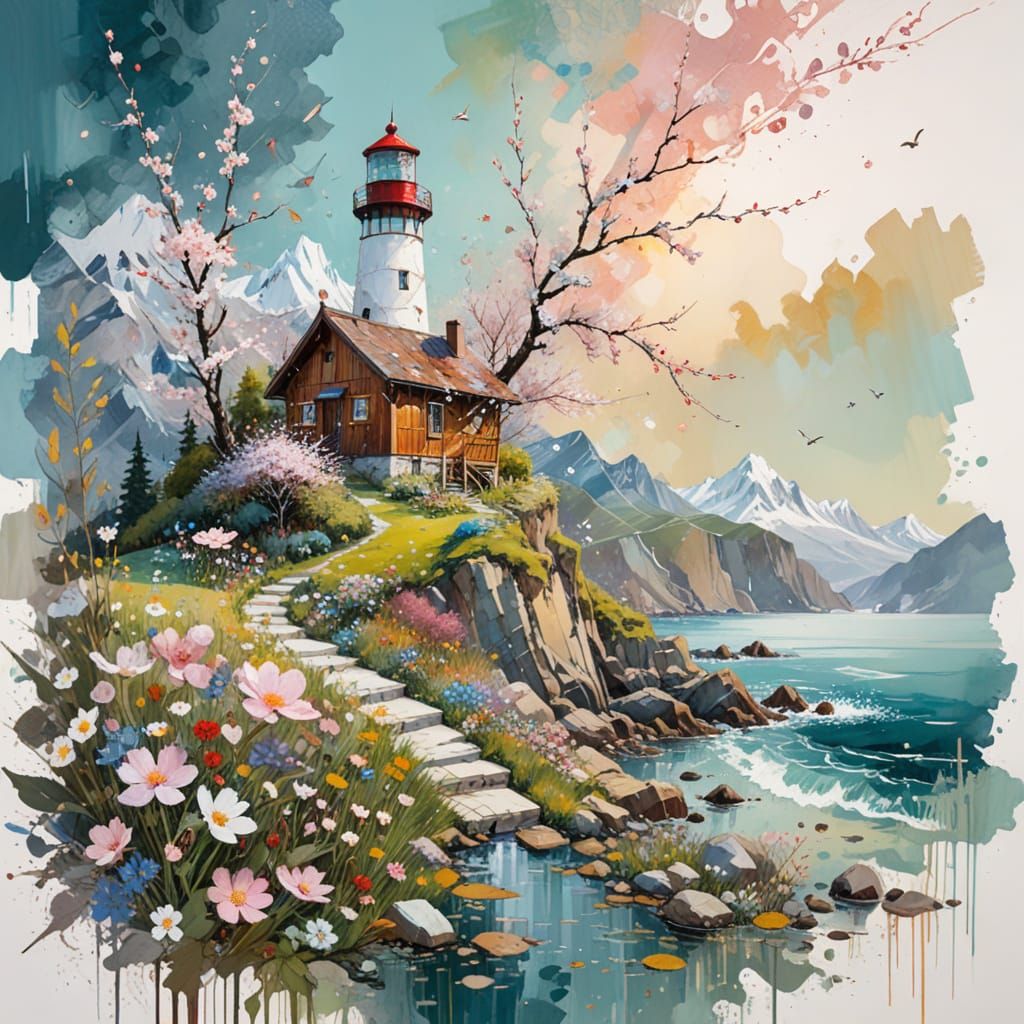 Lighthouse Meadow with Wildflowers and Chalets