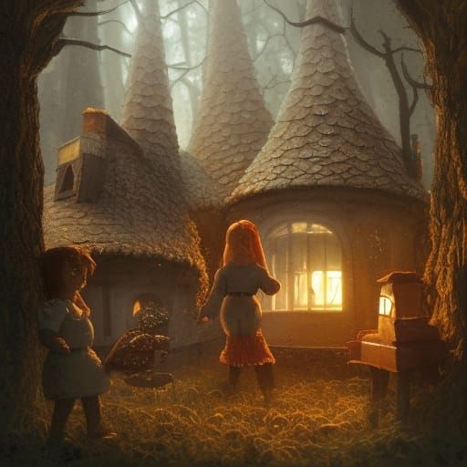 Hansel, Gretel, holding hands eating from the house