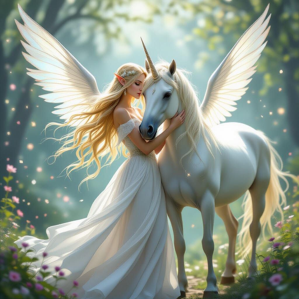 Elf Embracing Unicorn in Ethereal Light