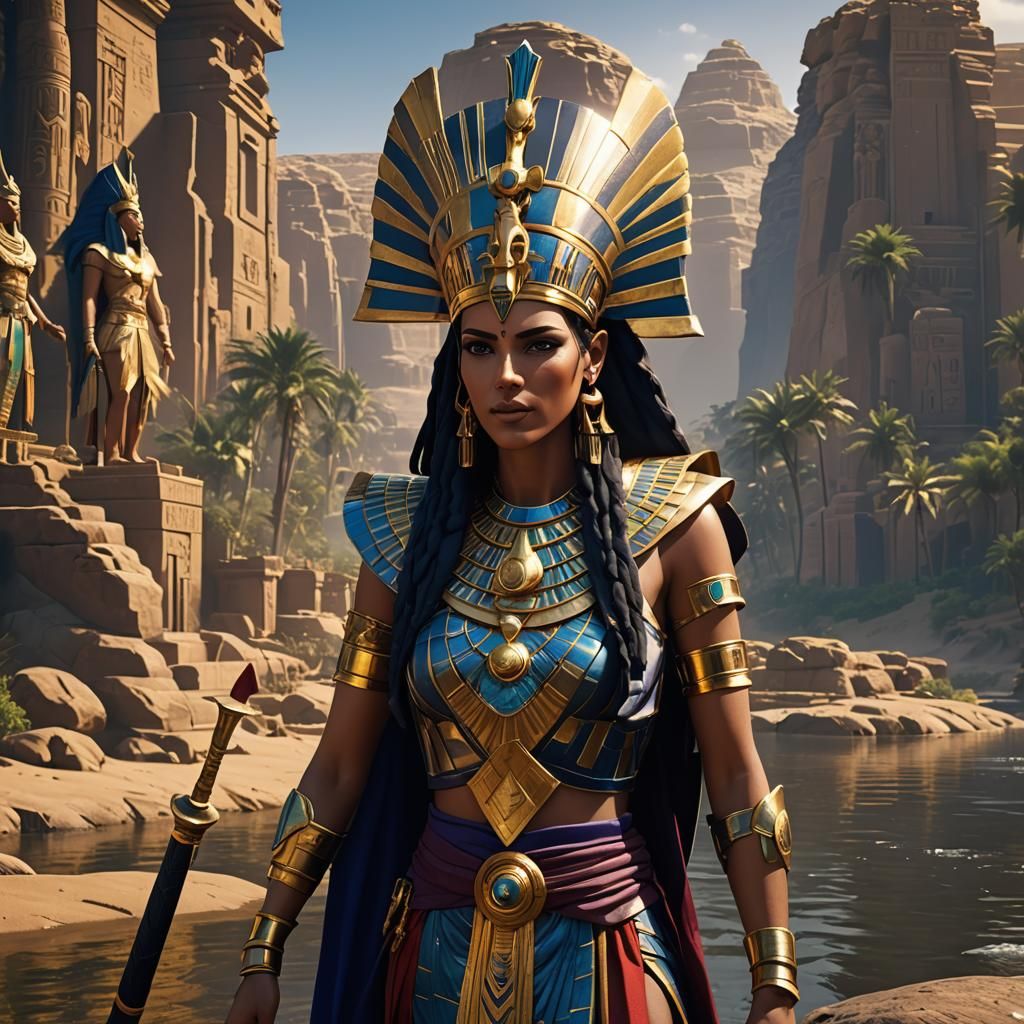 Pharaoh Nitocris Beside the Nile: Detailed Matte Painting