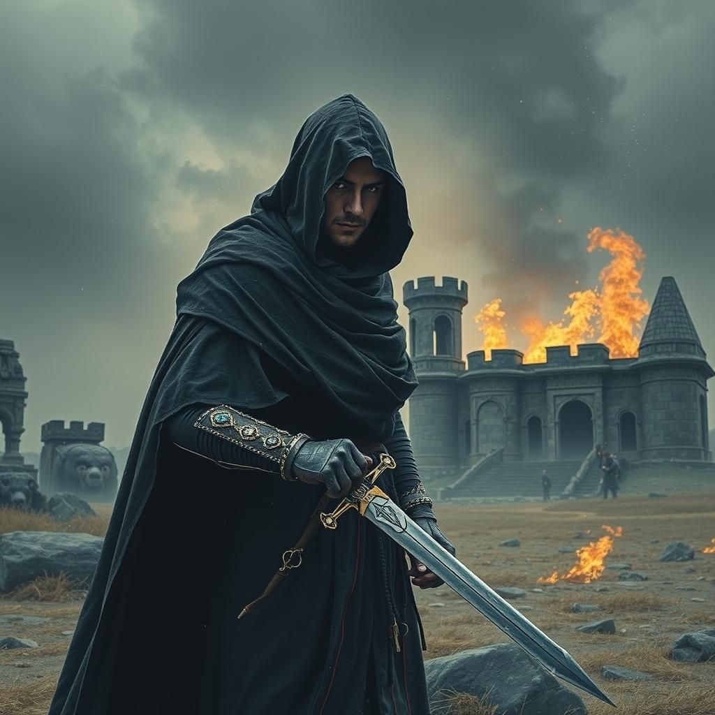 Monk with Sword, Glowing Cross, and Torn Robe