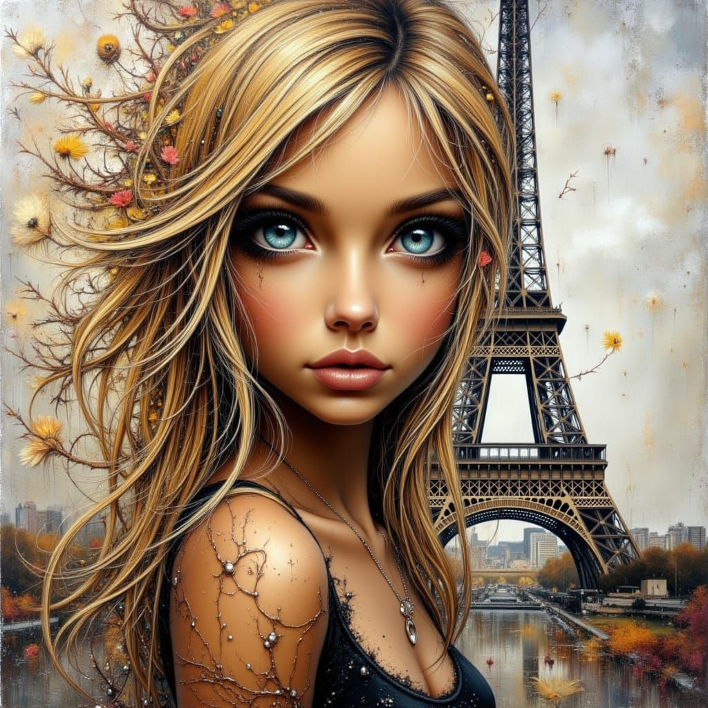Abstract Impasto Painting of Woman at Eiffel Tower