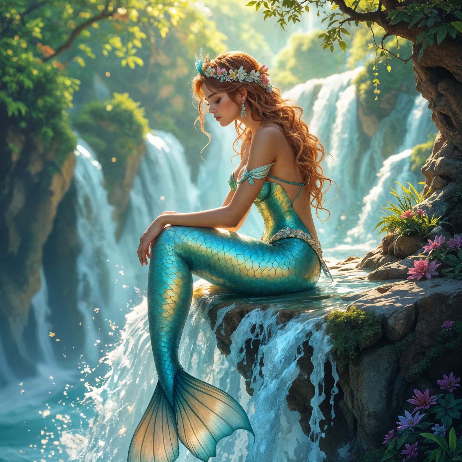 Bioluminescent Mermaid on Waterfall, Renaissance Fantasy Art