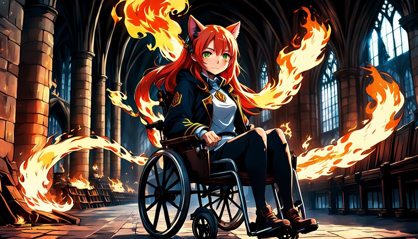 Anime CatGirl in Flaming Wheelchair at Hogwarts
