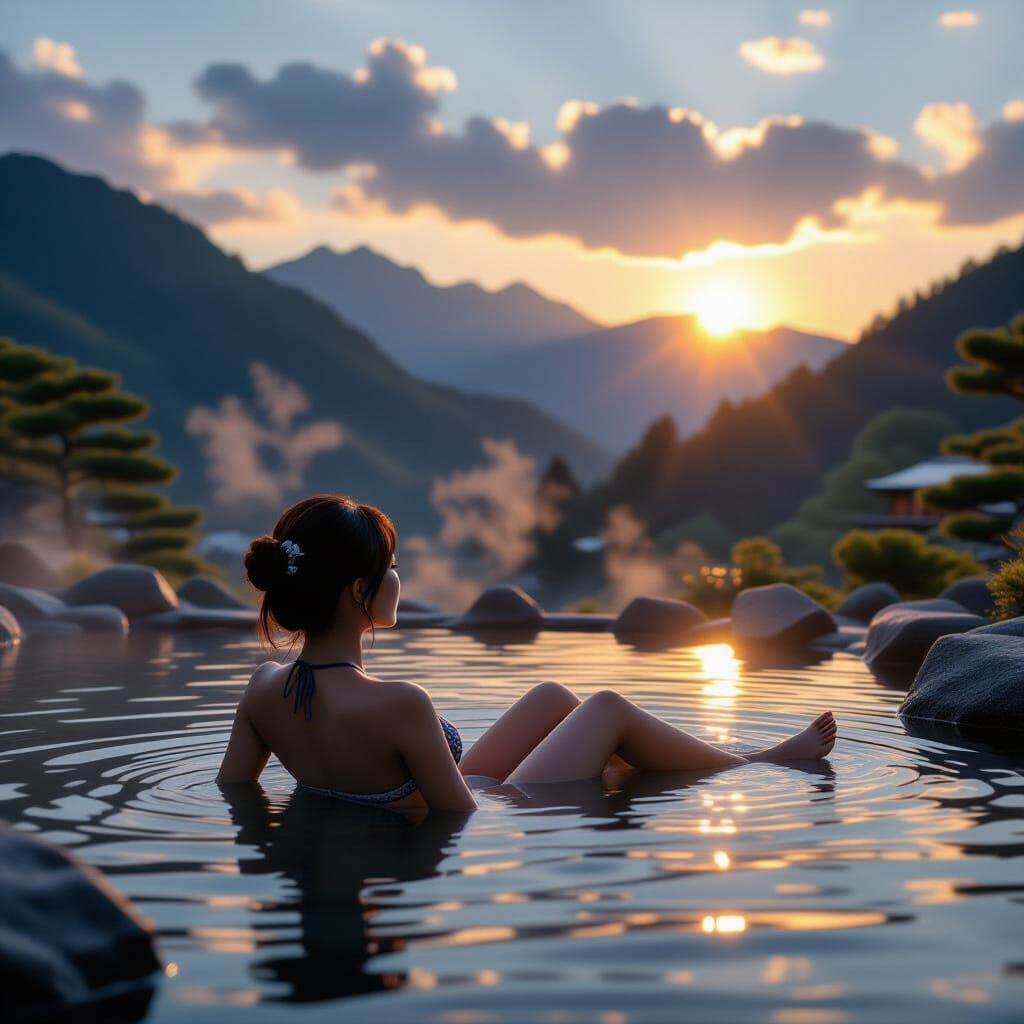 Woman Relaxing in Mountain Onsen at Sunset