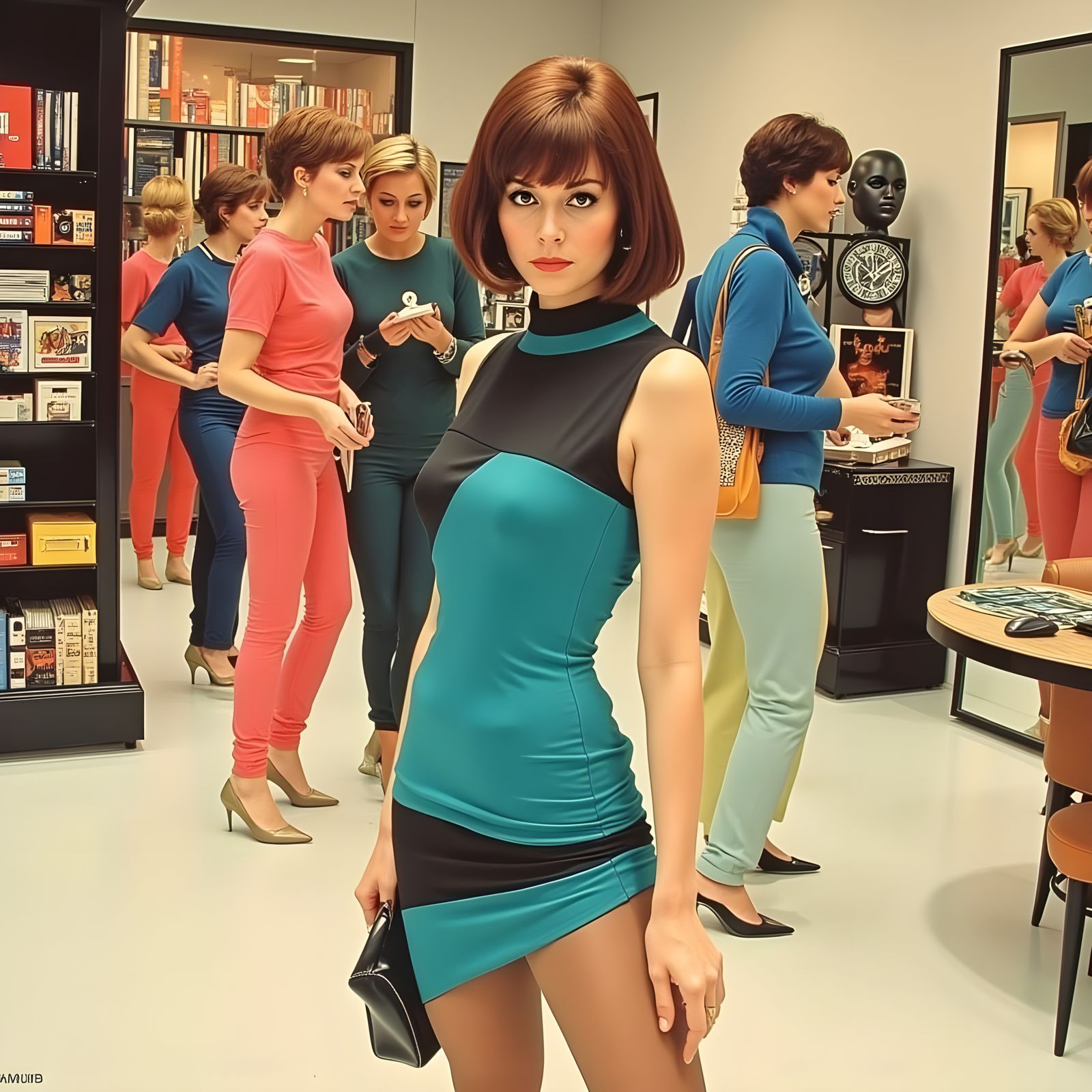 Determined 1980s Retail Clerk in Teal Dress
