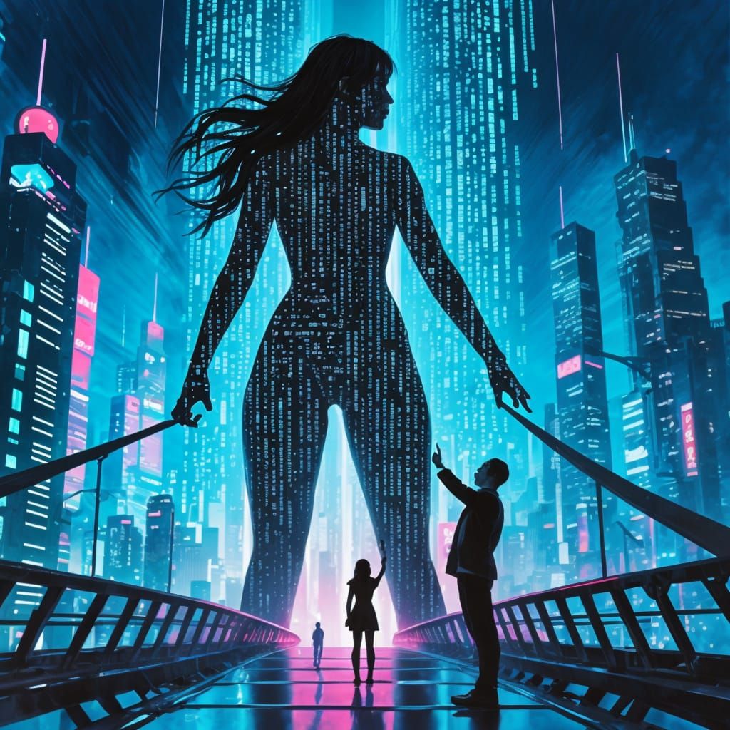 Giantess Silhouette With Binary Code In Futuristic Neon City