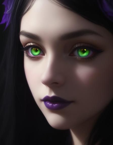 Angelic gothic beauty with long black hair and green eyes with dark purple eyeshadow with black eyeliner and dark purple...