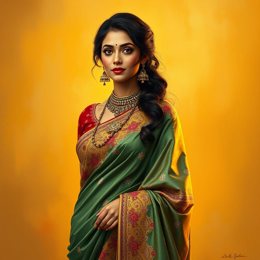 Indian Actress in Silk Saree, Golden Background