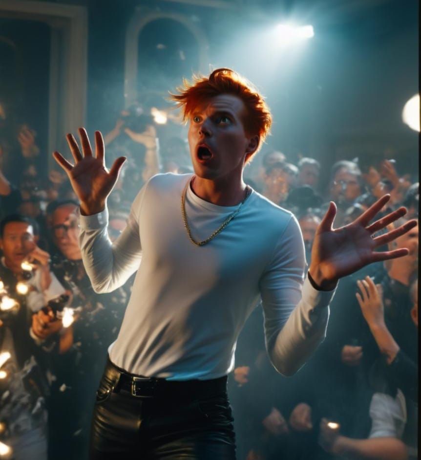 Surprised Redhead Model Surrounded by Paparazzi