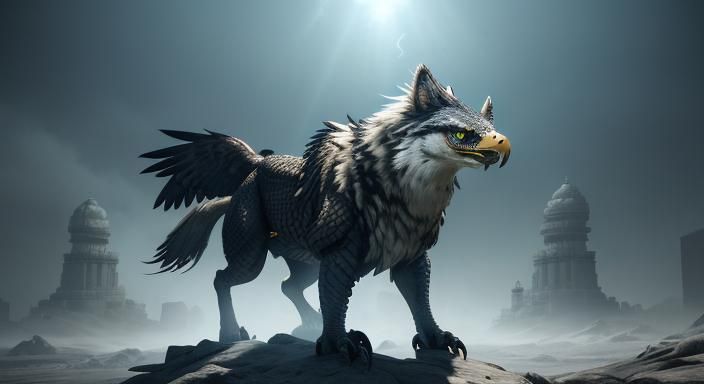 Mystical Snake-Wolf-Eagle Hybrid in Futuristic Temple