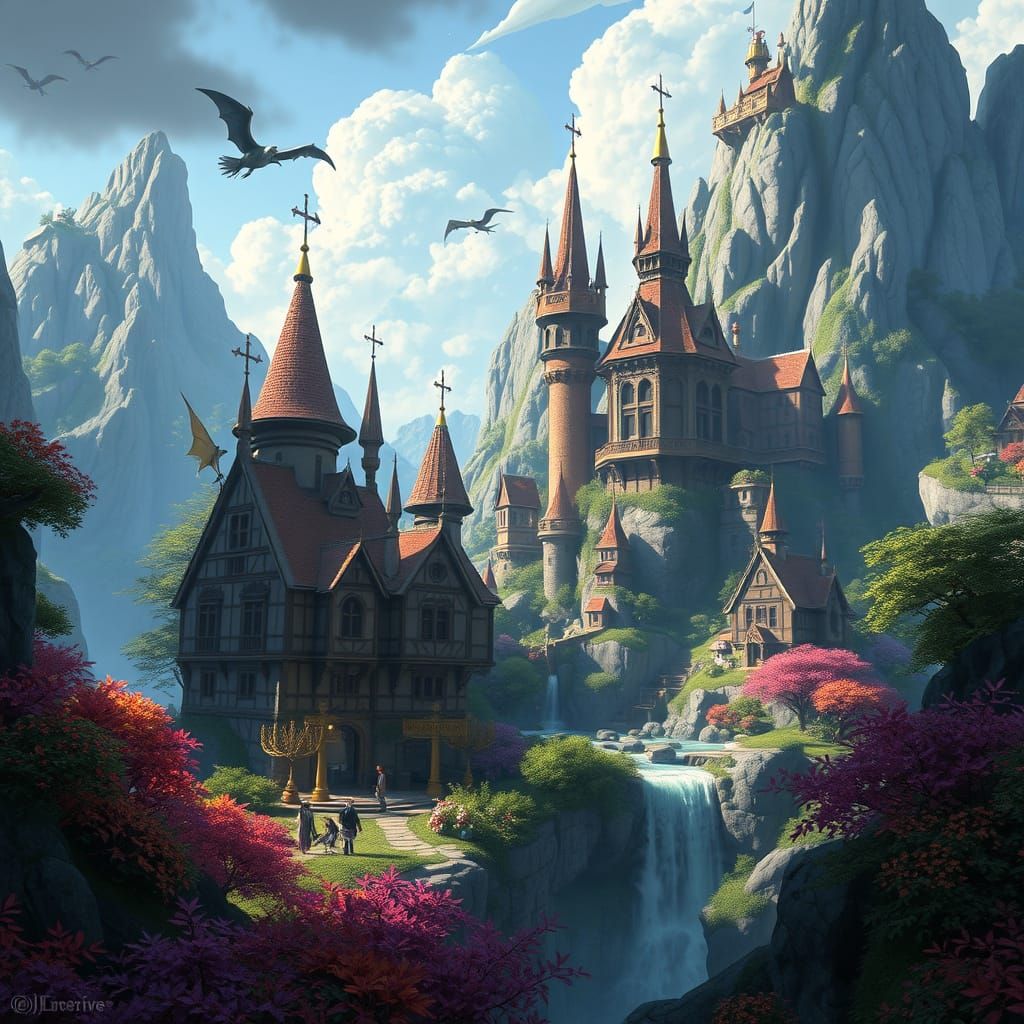Fantasy World with Mythical Creatures in Vibrant Colors