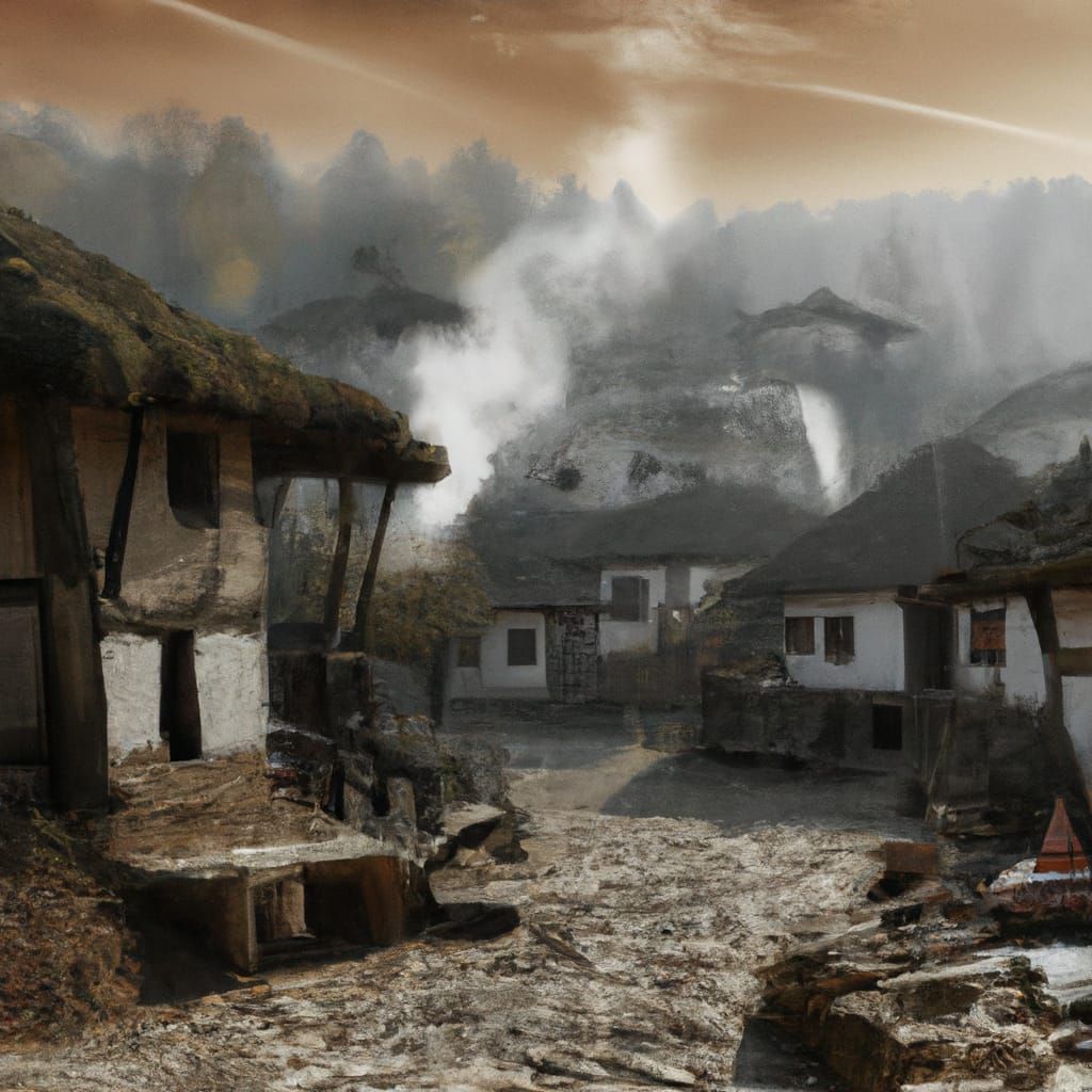 Misty Bulgarian Village in 1800s: Digital Art