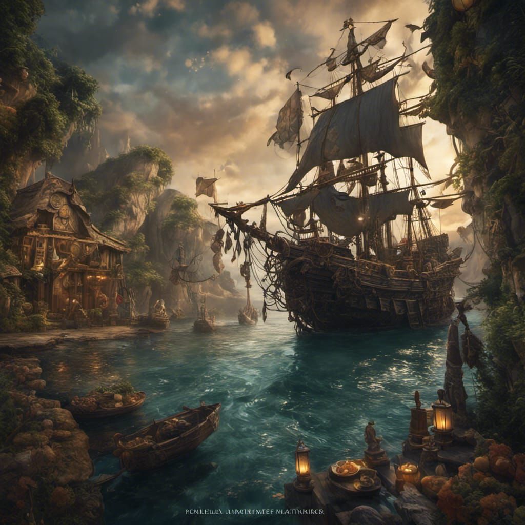 Peter Pan and Pirates on a Moonlit Ship