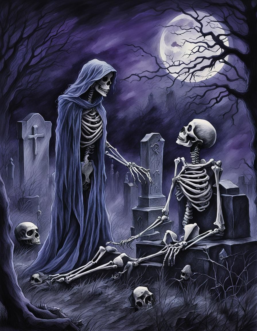 Eerie Graveyard Kiss: Dark Fantasy Illustration
