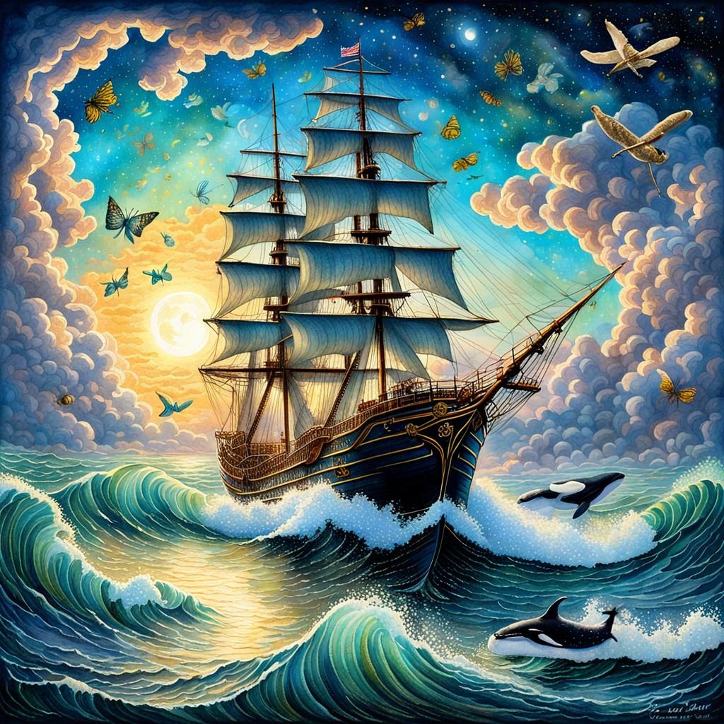 Ocean Waves and Tall Ships in Steampunk Fantasy Style