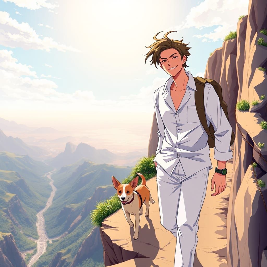Happy Man and Dog in Anime Cliffside Scene