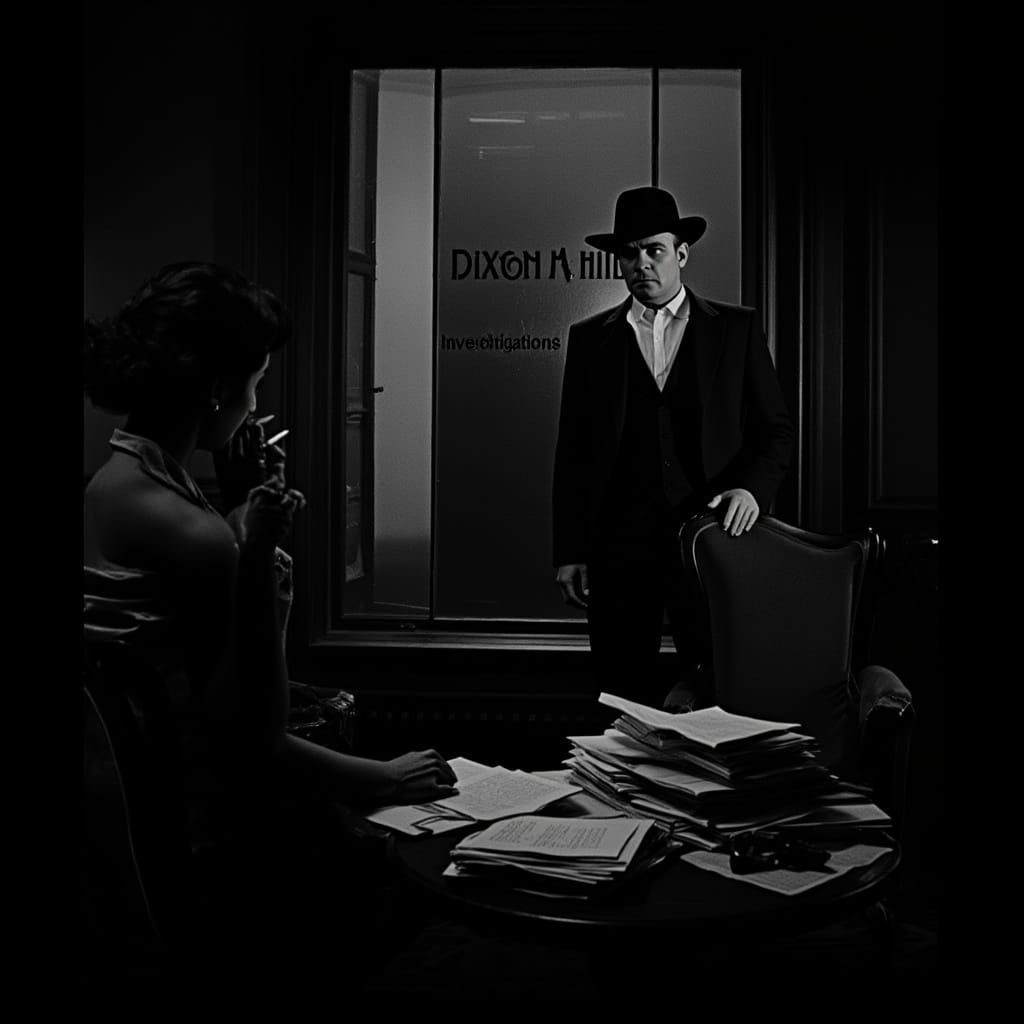 Film Noir Scene: Femme Fatale in Smoky Office