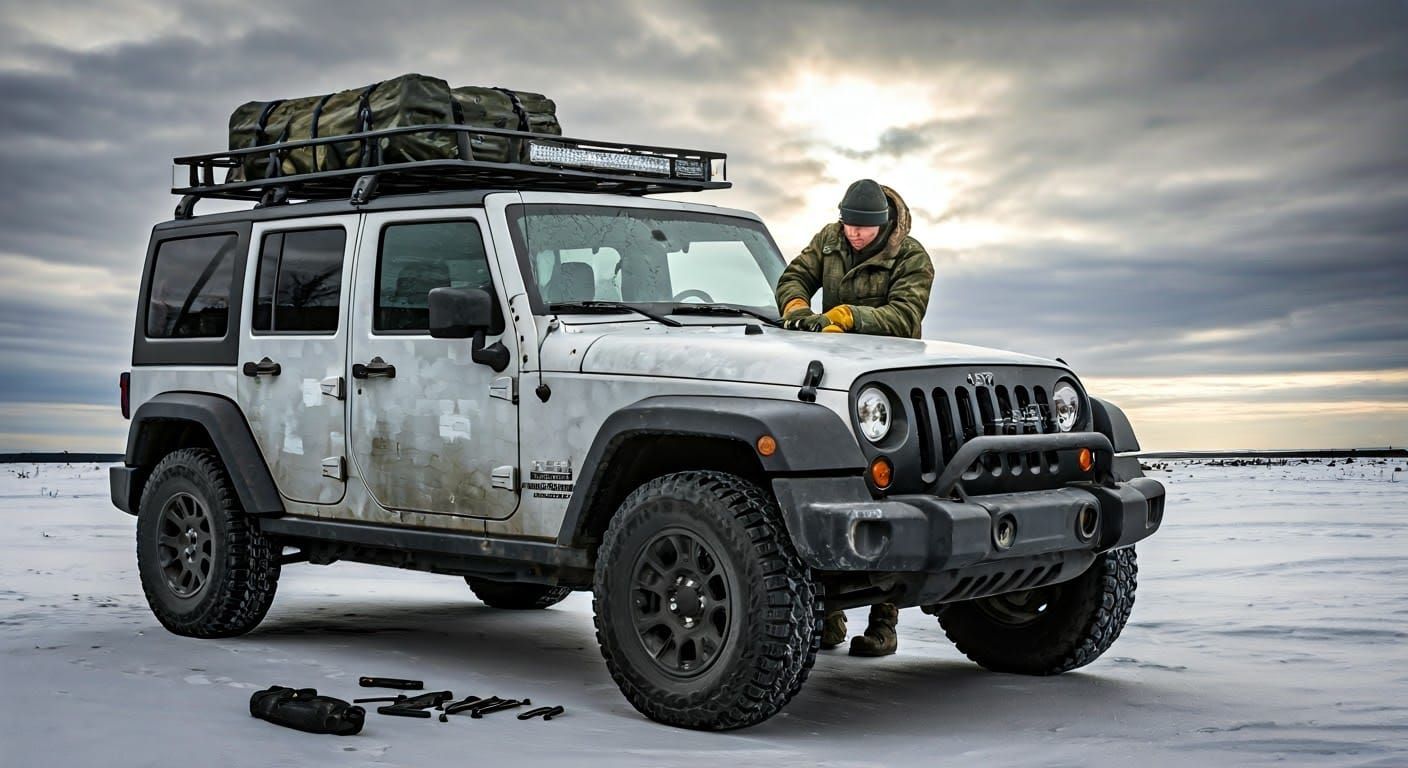 Worn Jeep Wrangler Repair in Bleak Winter Landscape