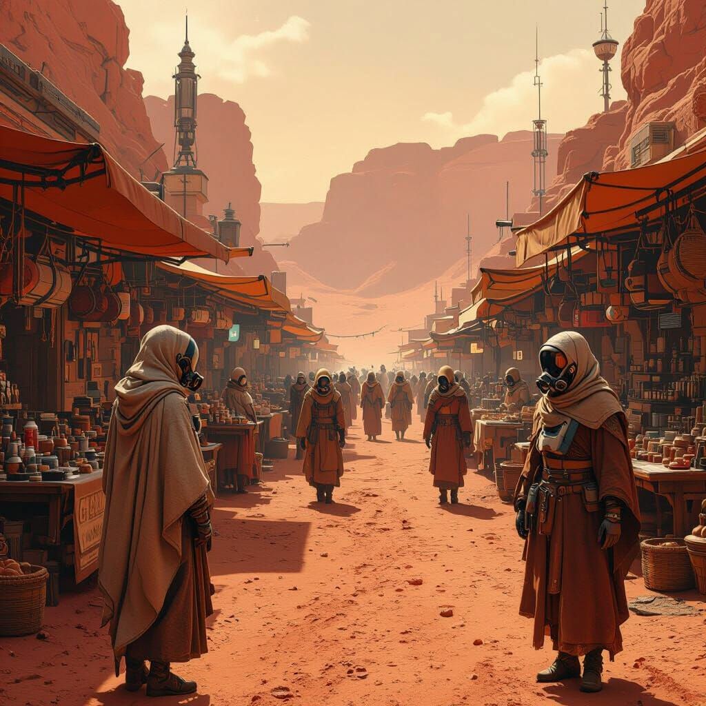 Bustling Marketplace on Mars in Sci-Fi Style