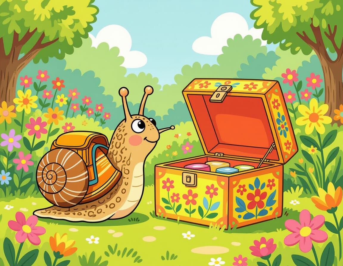 Snail's Whimsical Garden Adventure: Cartoon Style