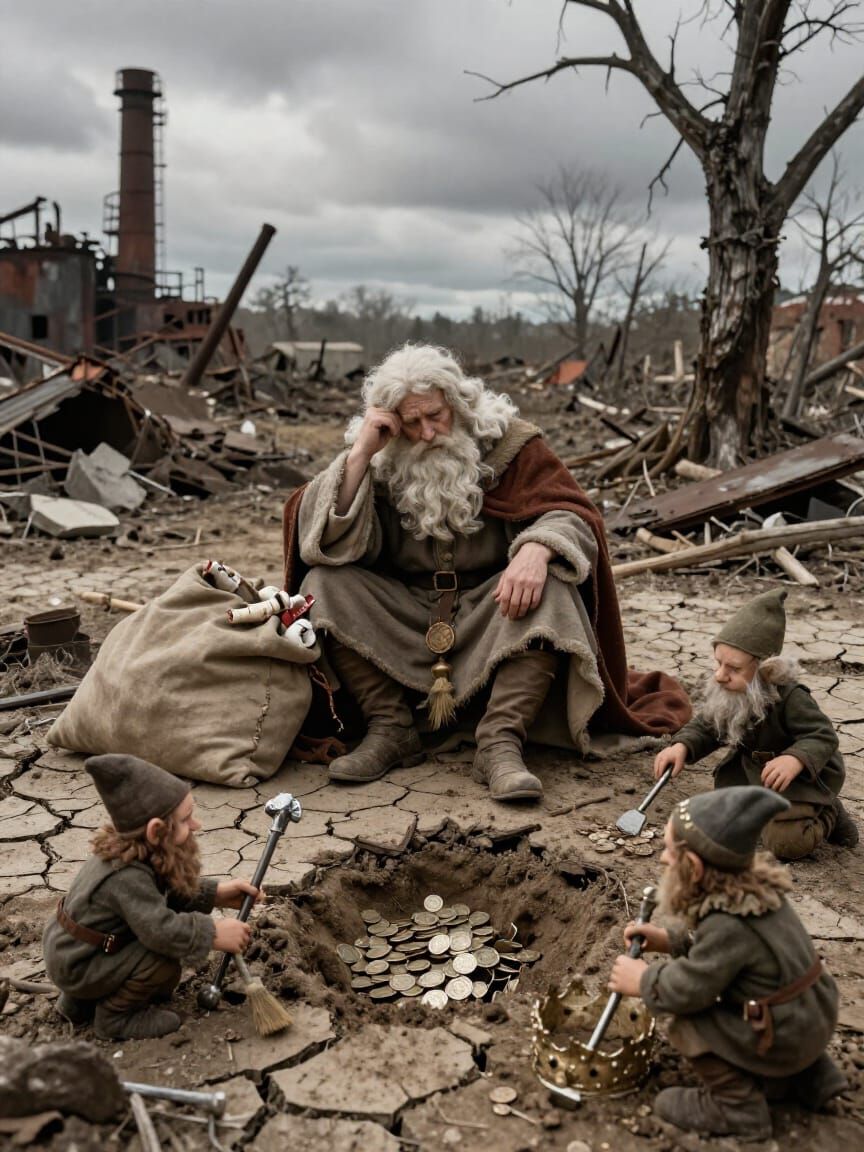 Saint Nicholas Surveys a Ruined World with Elves