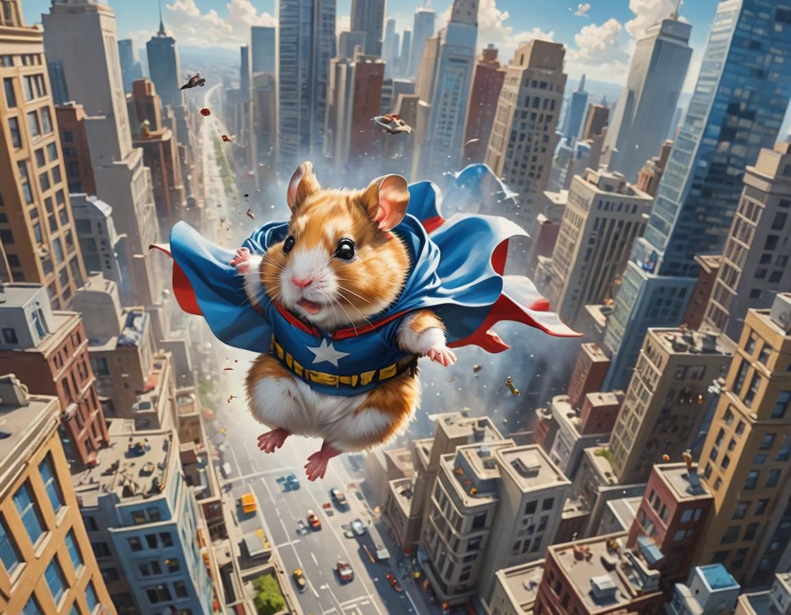 Hamster Superhero Soaring Over Miniature City