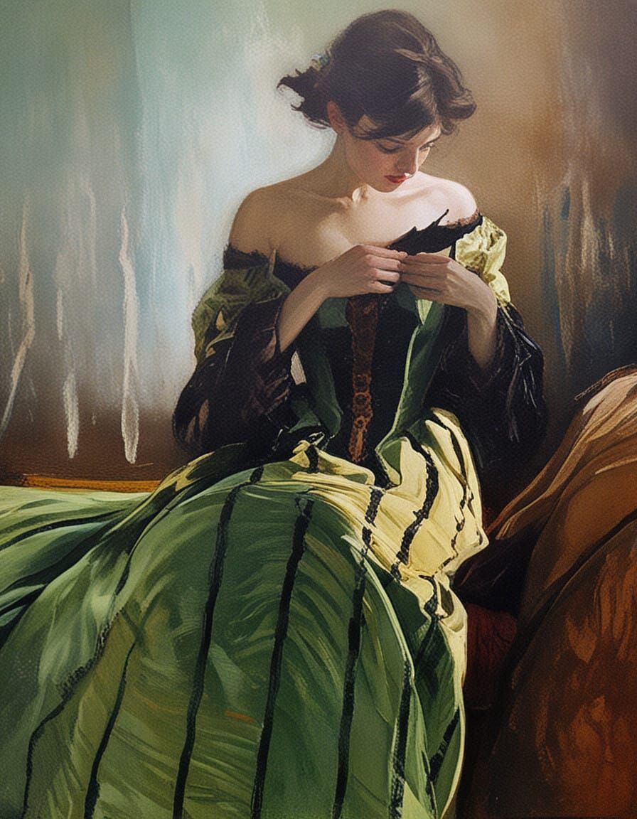 Elegant Lady in Black and Green, Oil Painting in the Style o...