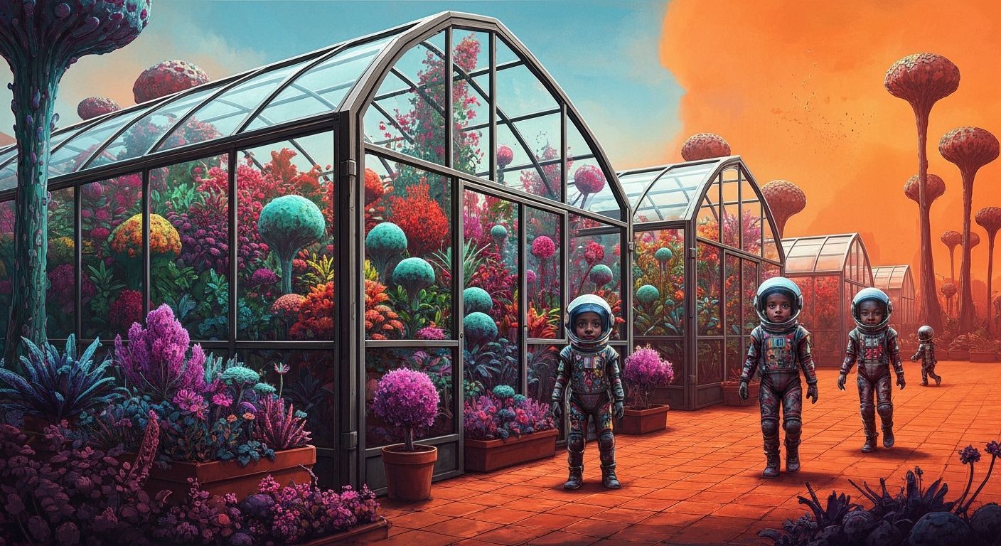 Children Play in Martian Greenhouses with Alien Flora