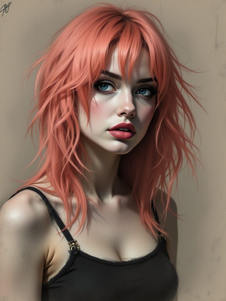 Soft-Eyed Punk Woman in Charcoal and Dusty Rose Hues