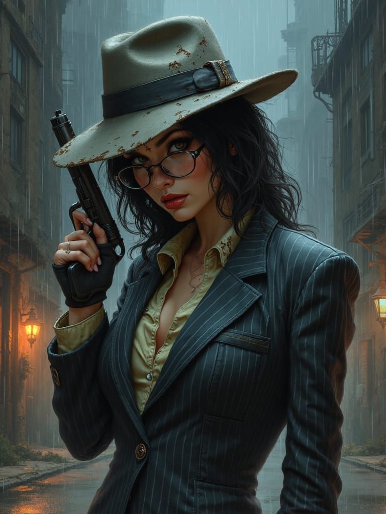 Diesel-Punk Detective in Ruined Cityscape