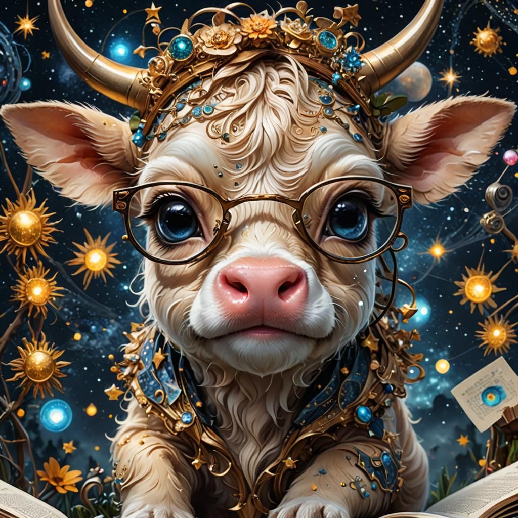 Chibi Calf with Glasses in Dreamlike Starry Night