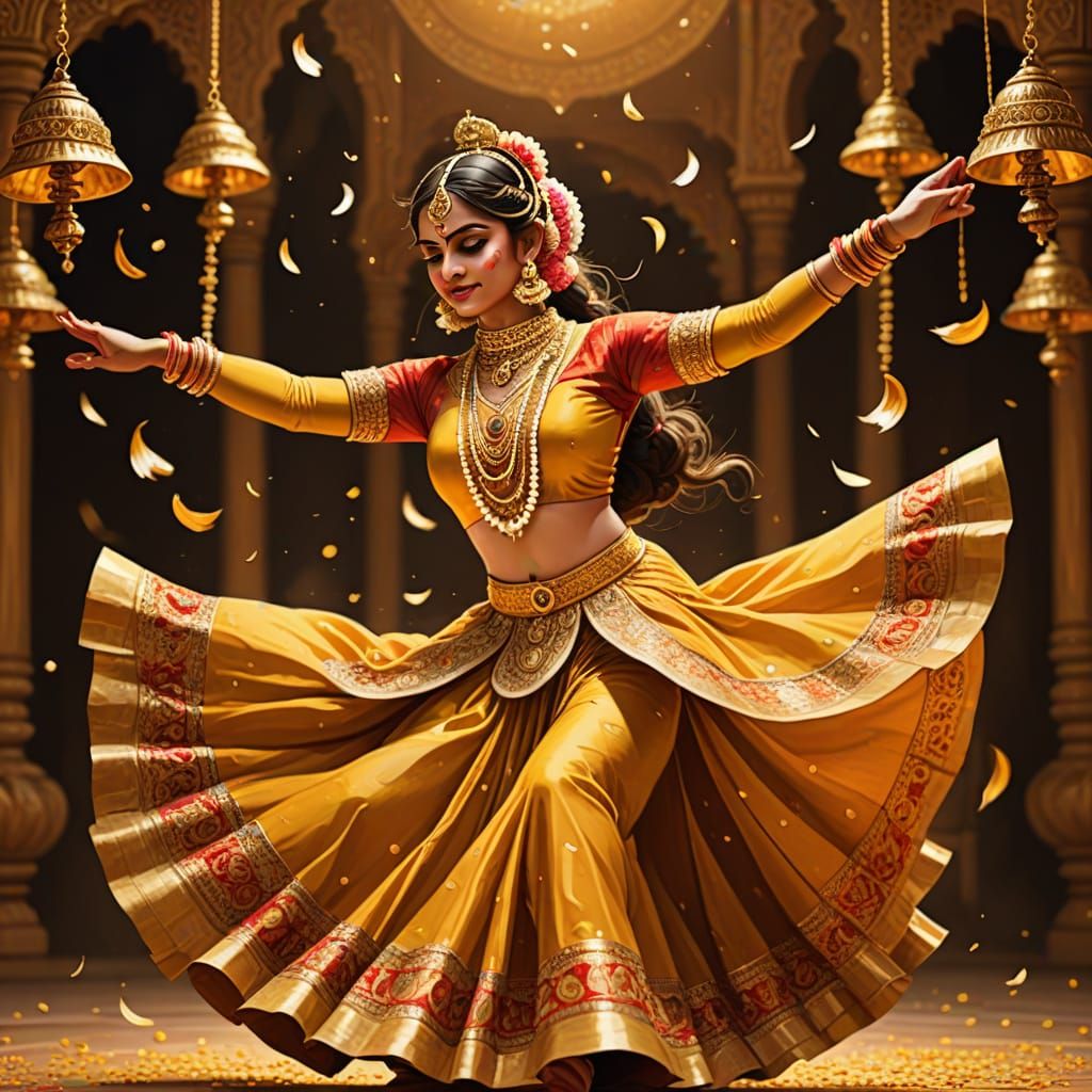 Kathak Dancer Surrounded by Golden Ghungroo Bells