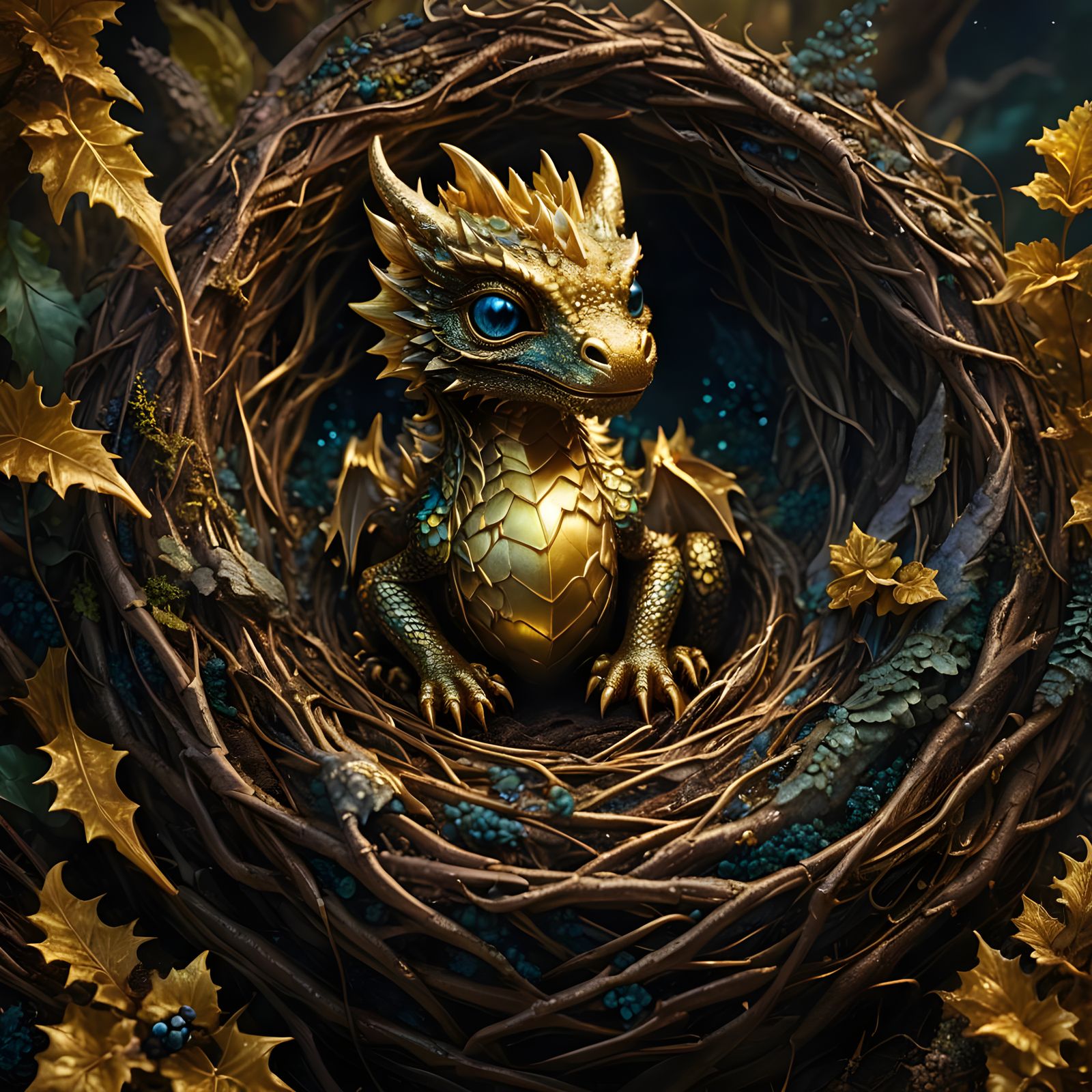 Golden Baby Dragon in Nest, Realistic Photography