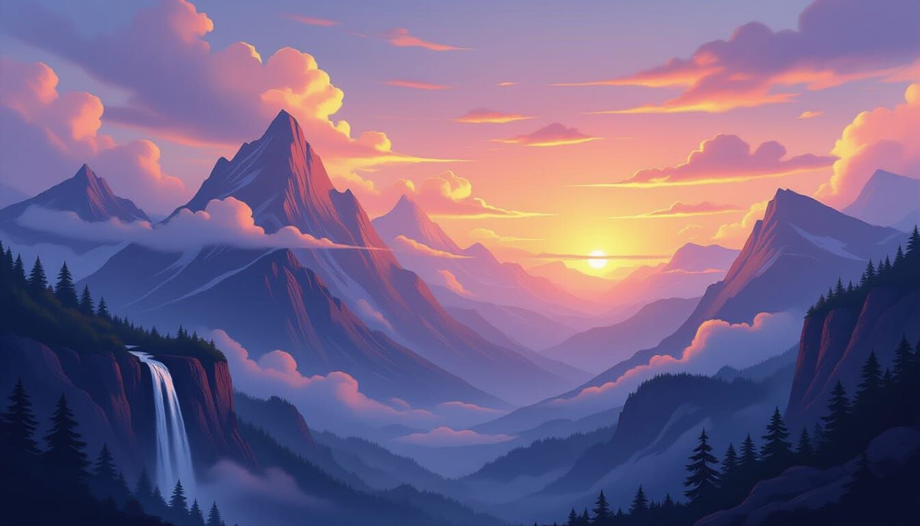 Airbrushed Sunset Landscape with Mystical Mountains