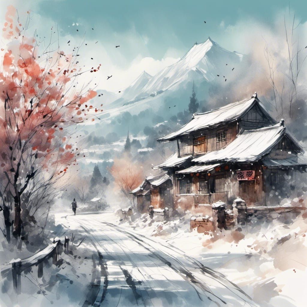 Icy Chinese Winter Landscape in Pastel Style