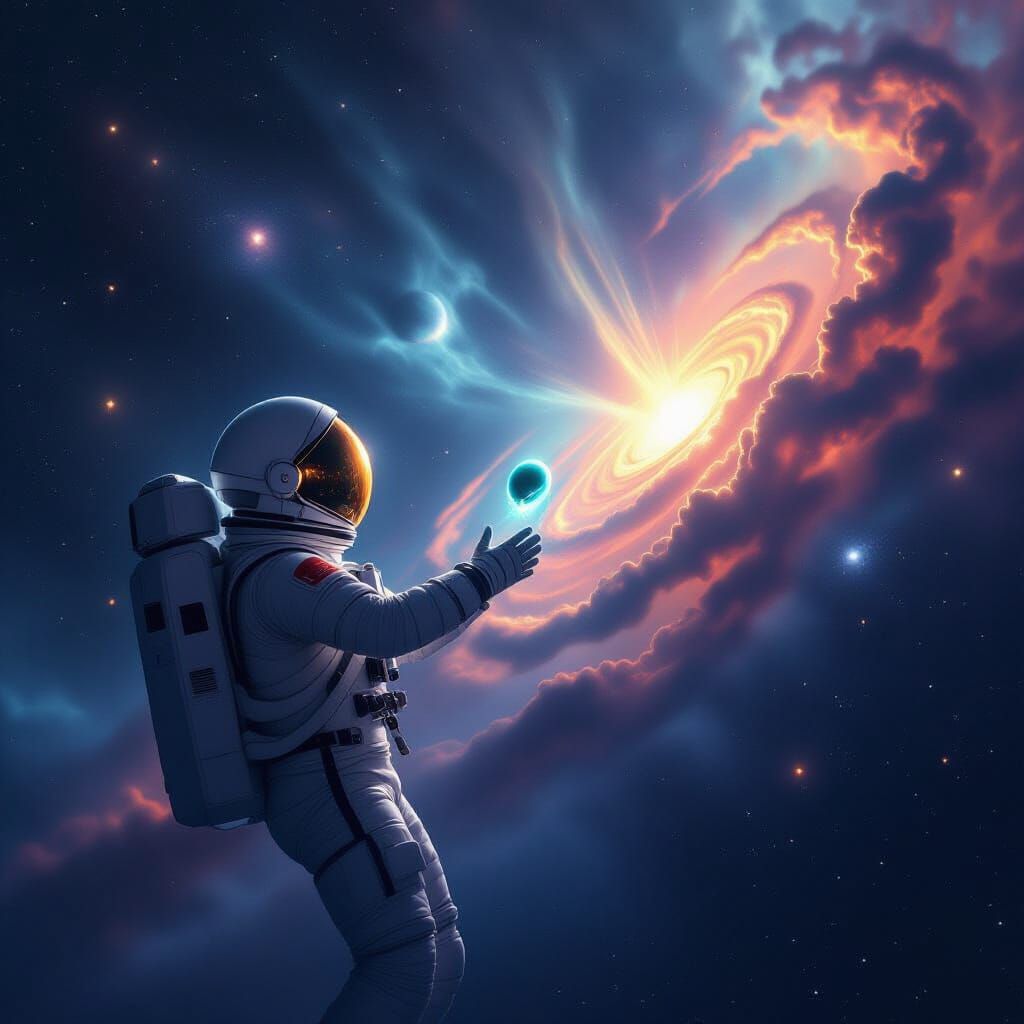 Astronaut Reaches Alien in Cosmic Nebula