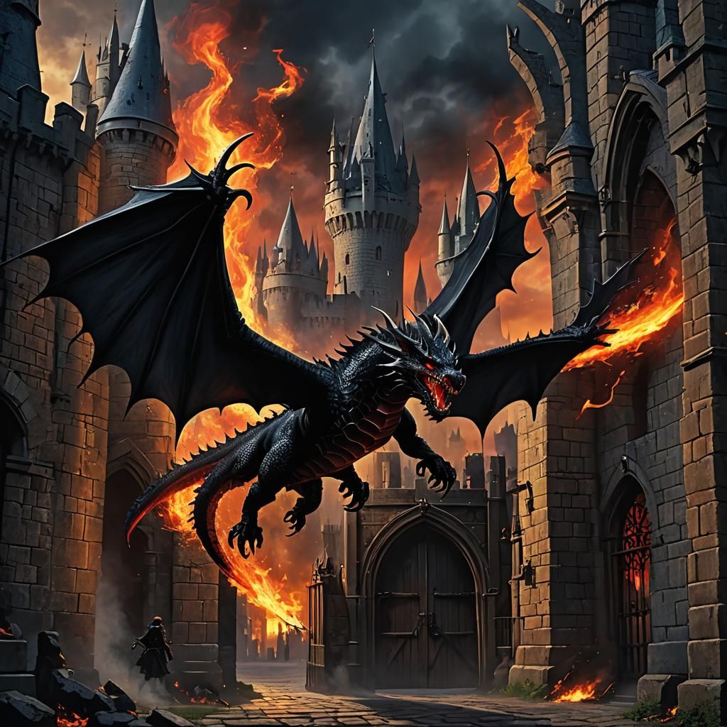 Midnight Dragon Guarding Castle Gate in Gothic Horror Style