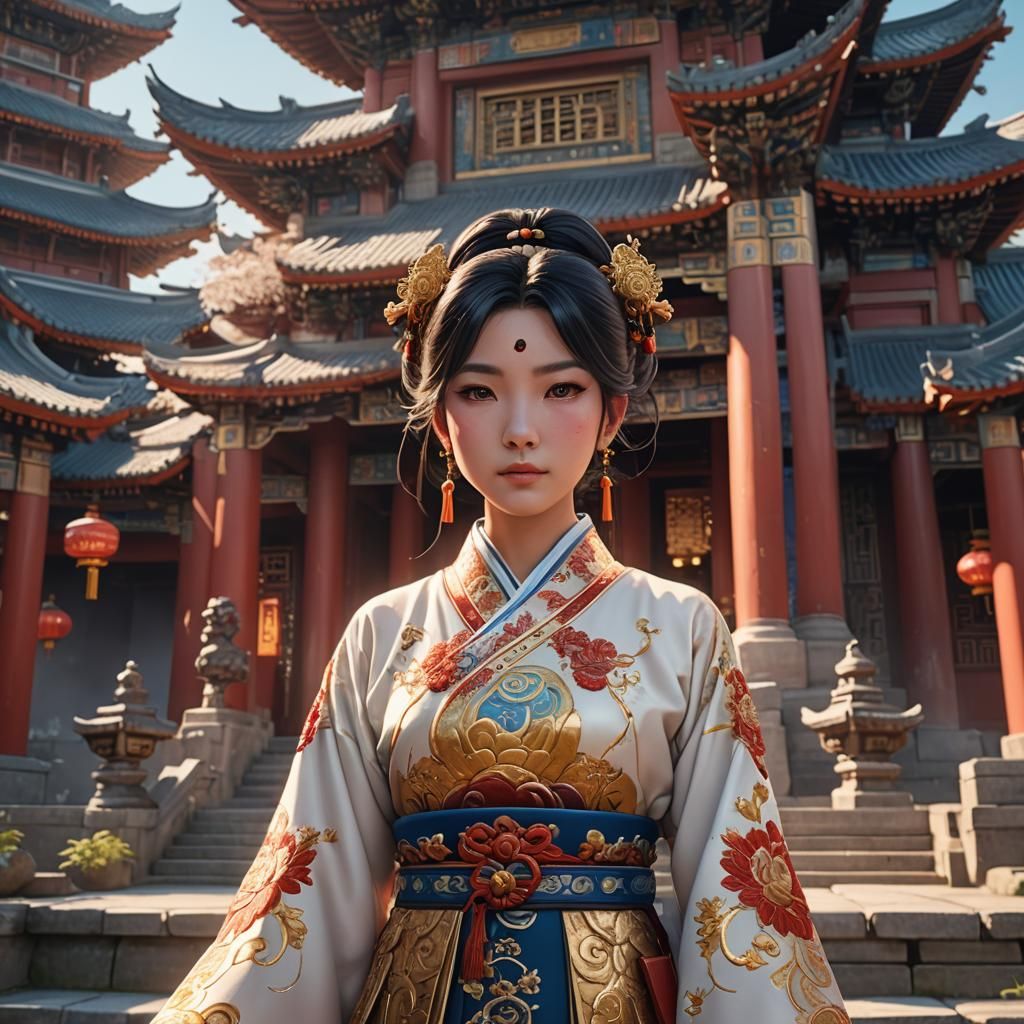 Chinese Woman at Temple, Anime Style 3D Render