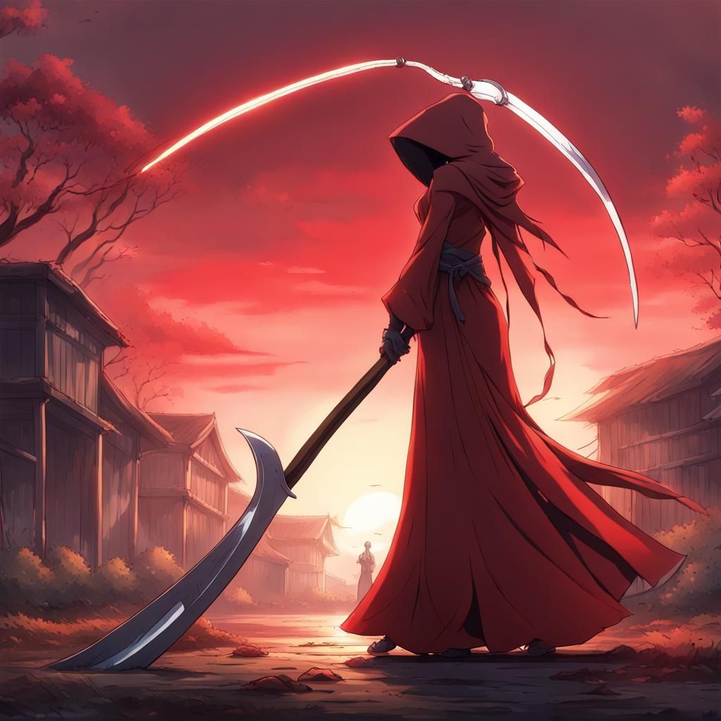 Anime Grim Reaper in Red Dress with Scythe