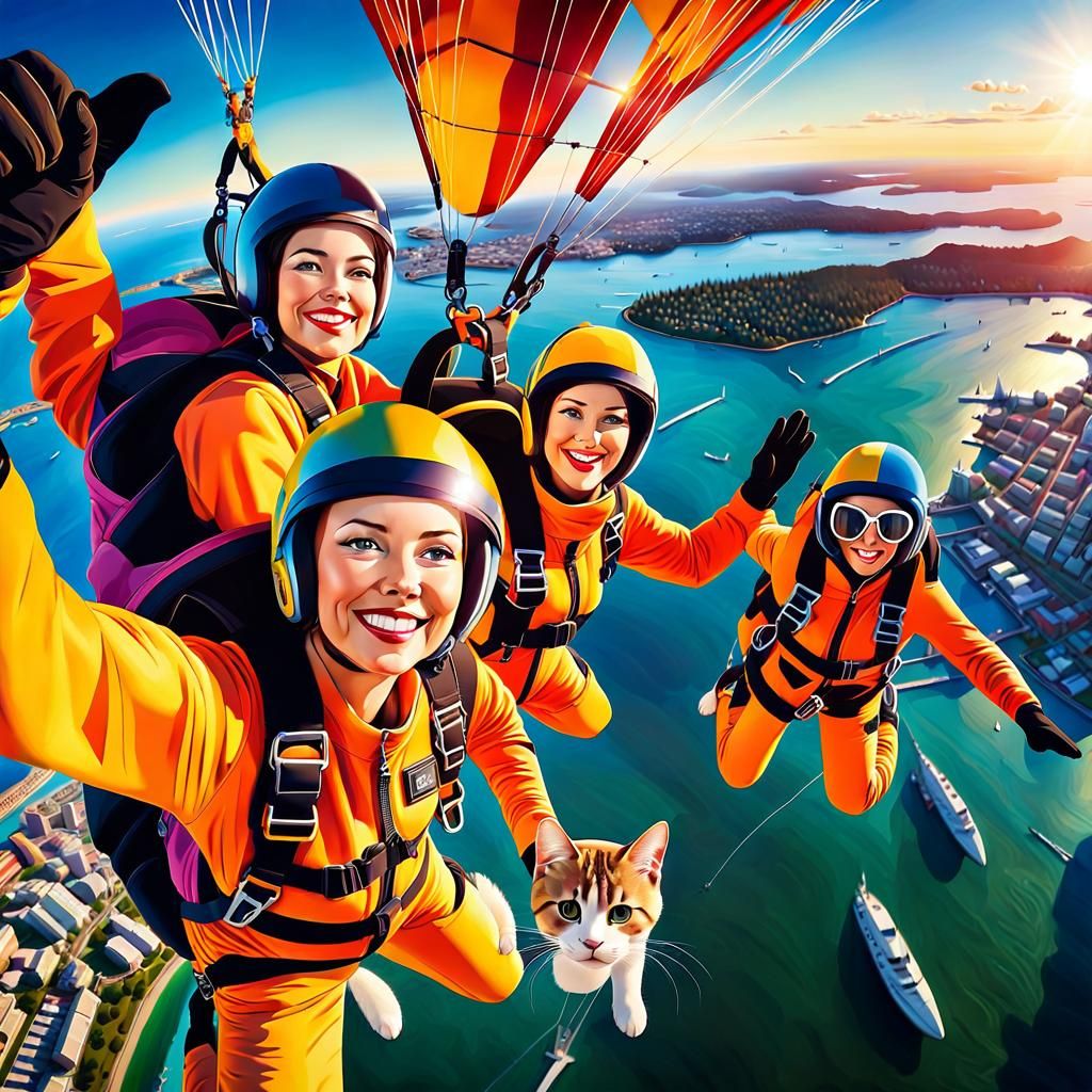 Women Skydiving with Cats Above Sydney, Hyper-Realistic Art