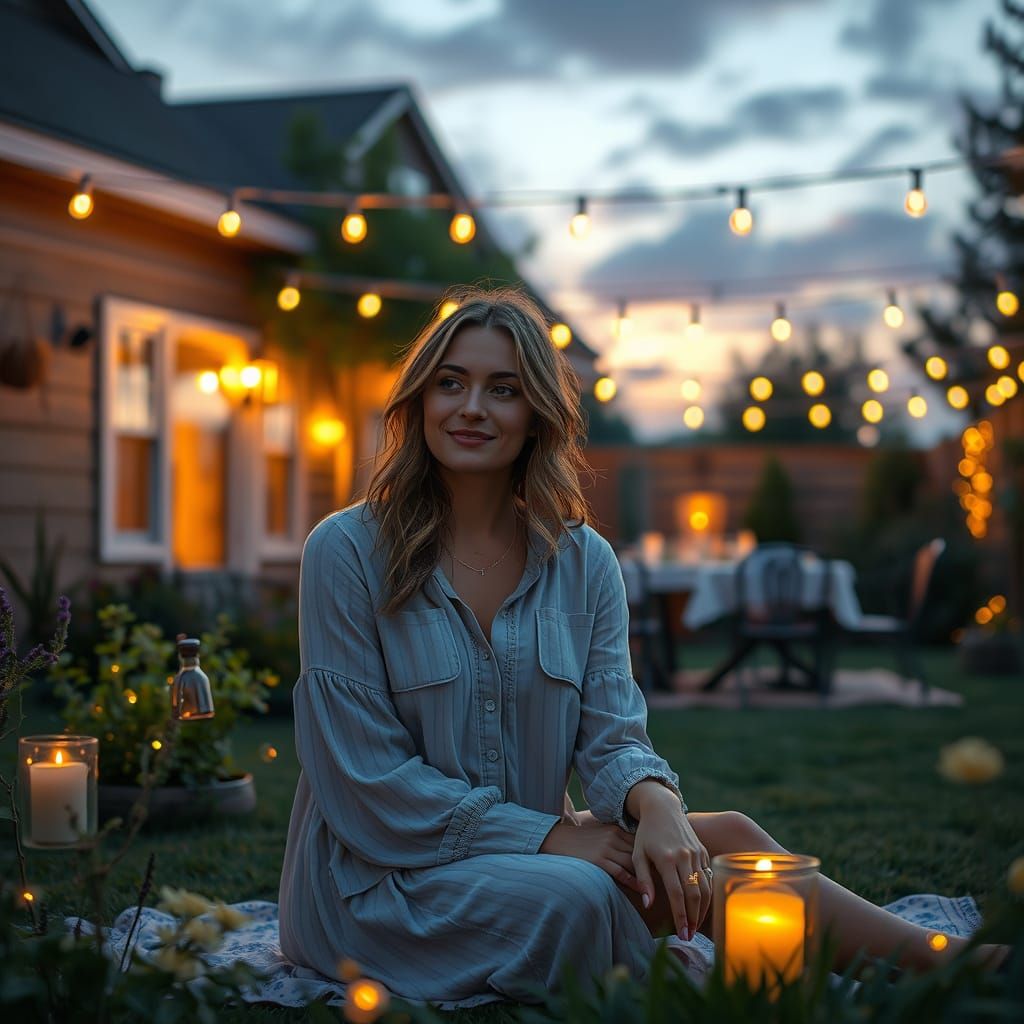 Cozy Backyard Sunset with Glowing Lights
