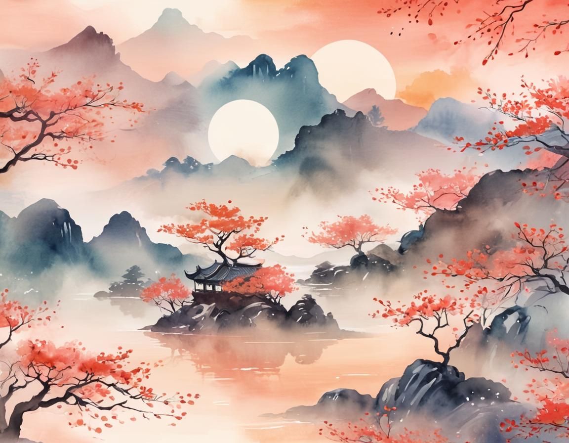 Watercolor Zen Landscape of Lunar New Year