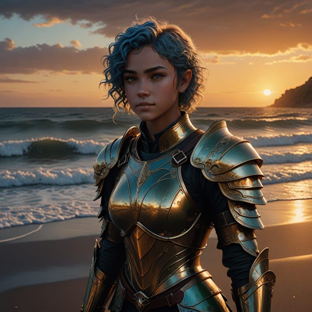 Fantasy Elf Maiden on Black Sand Beach at Sunset